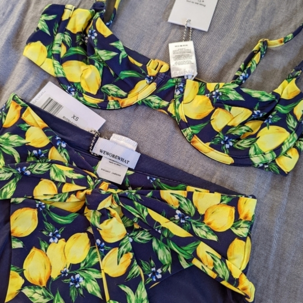 WeWoreWhat Lemons All Over Navy Bikini Set Vintage Bra Top Riviera Bottom - Picture 6 of 8